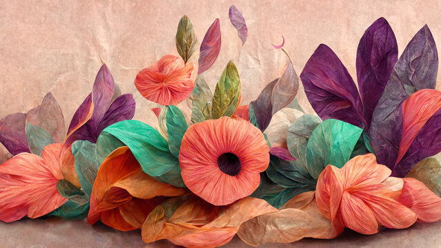 3D rendering, panoramic colorful floral background with paper style design