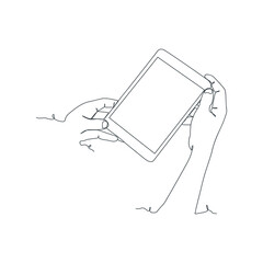 continuous line drawing of person holding smartphone, hand holding smartphone