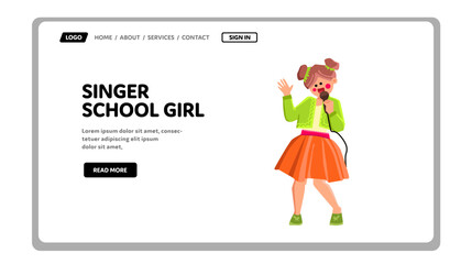 singer school girl vector. music child, happy song, microphone fun, karaoke childhood, smile female singer school girl character. people flat cartoon illustration