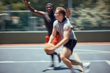 Fitness, diversity and friends in action on a basketball court training, exercise and playing...