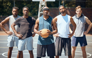 Portrait of a sports basketball team training for a game on an outdoor professional court. Workout,...