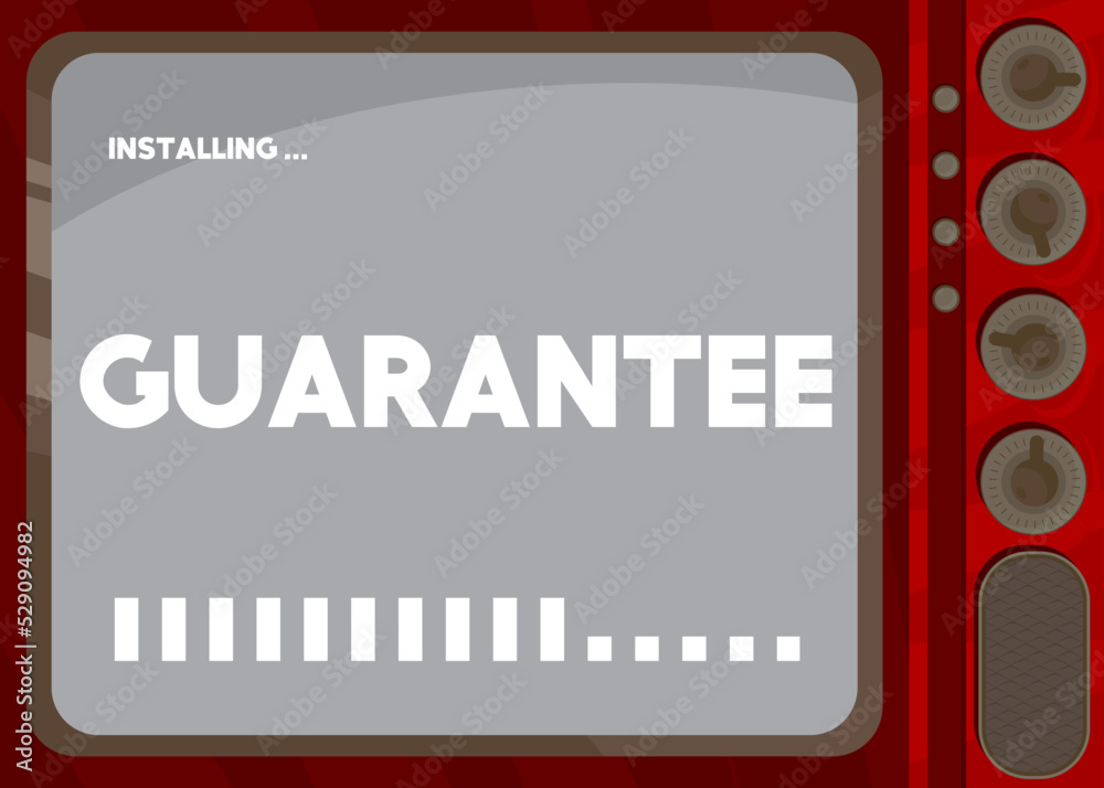 Poster cartoon computer with the word guarantee. message of a screen displaying an installation window.