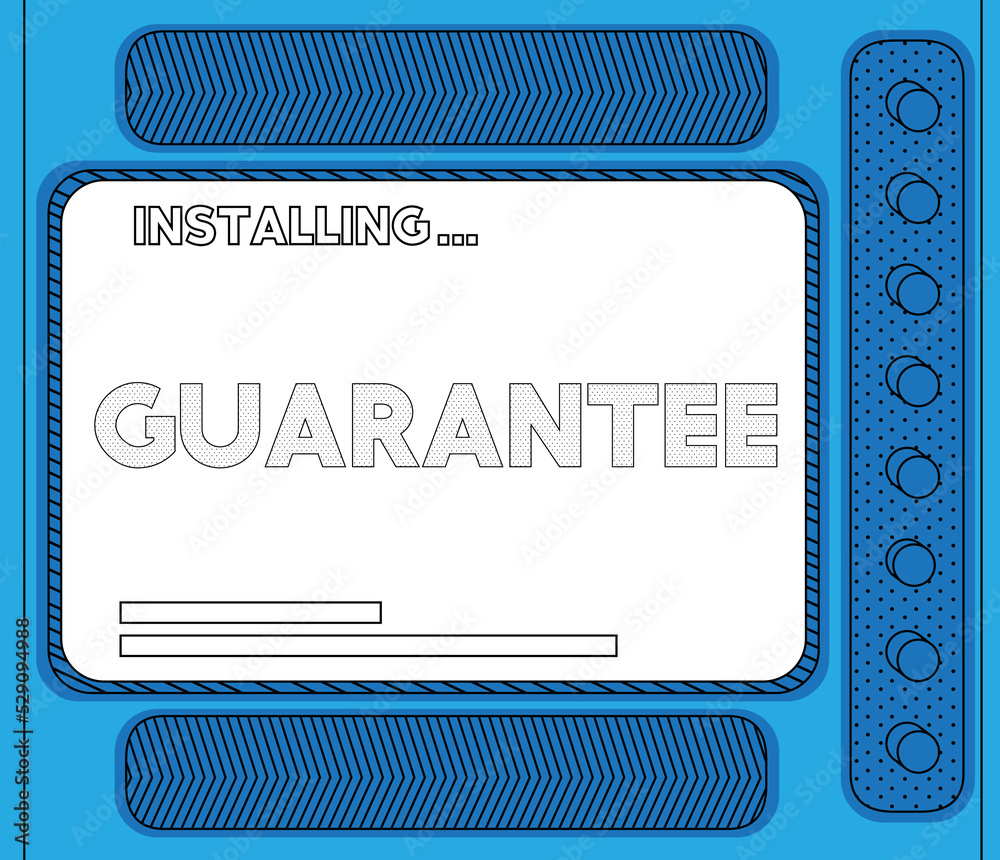 Poster cartoon computer with the word guarantee. message of a screen displaying an installation window.
