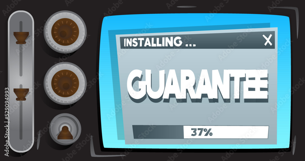 Poster cartoon computer with the word guarantee. message of a screen displaying an installation window.