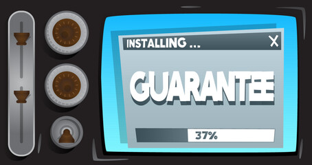 Cartoon Computer With the word Guarantee. Message of a screen displaying an installation window.