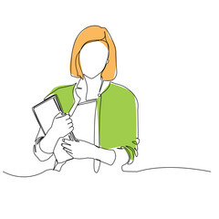 Continuous one line drawing of a woman teacher carrying books. Vector illustration