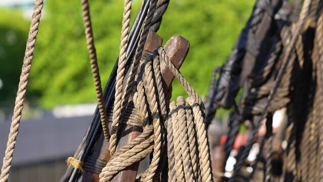 Close up of wooden sailing ships rigging