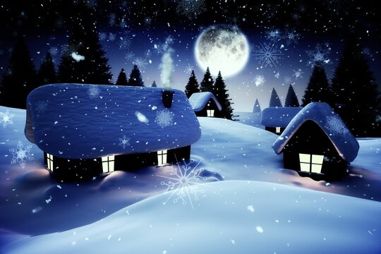 Snow covered village under full moon