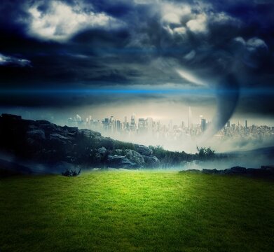 Tornado over city and moutains