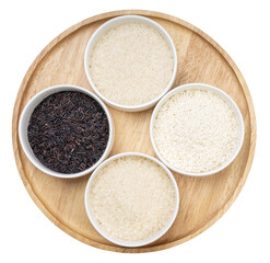 Rice grains in wooden bowl isolated on white background. Jasmine rice, Rice berry rice grains in wooden bowl on white background With clipping path.