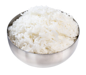 Rice in Korean rice bowl isolated on white background, Cooked Korean rice in a metal bowl on white background, With clipping path.