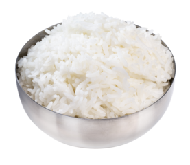 Rice in Korean rice bowl isolated on white background, Cooked Korean rice in a metal bowl on white background, With clipping path.