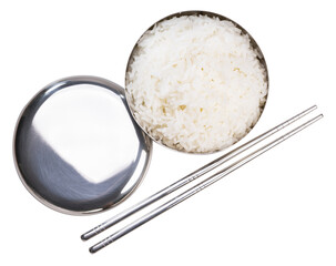 Rice in Korean rice bowl isolated on white background, Cooked Korean rice in a metal bowl on white background, With clipping path.