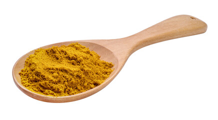 Turmeric Powder on a wooden spoon on white background, Curry Powder isolated on white background With clipping path.