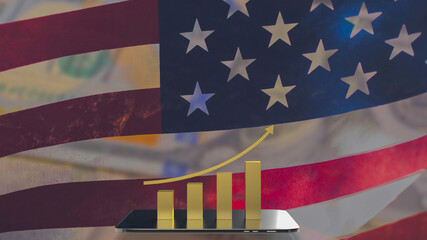 The gold business chart and tablet on America flag background 3d rendering