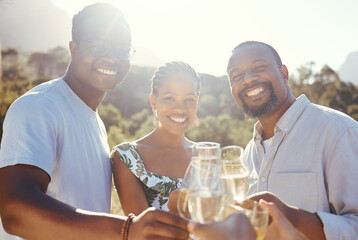 Wine glasses, champagne and friends portrait in a park, vineyard or green nature celebration for...