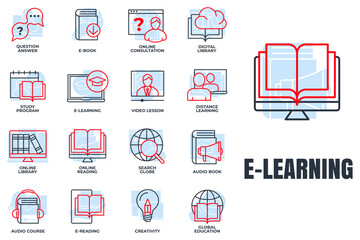 Set of E-learning, online education icon logo vector illustration. global education, study program, search globe, distance learning and more pack symbol template for graphic and web design collection