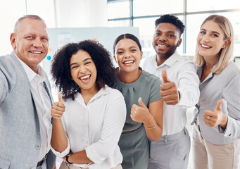 Happy business people or team with thumbs up at office for success, diversity and solidarity at company office. Global or international startup group, corporate staff or management in unity and trust