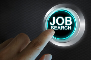 businessman pressing job search button on virtual screens, business, technology, internet