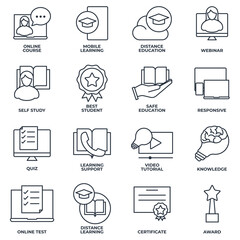 Set of E-learning, online education icon logo vector illustration. online course, mobile learning, certificate, award and more pack symbol template for graphic and web design collection