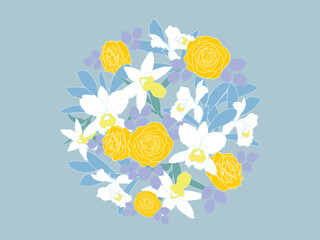 flower line drawing white orchid, yellow rose Arrange the elements in a circle.