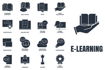 Set of E-learning, online education icon logo vector illustration. online course, mobile learning, certificate, award and more pack symbol template for graphic and web design collection