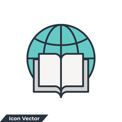 globe and book icon logo vector illustration. global education symbol template for graphic and web design collection