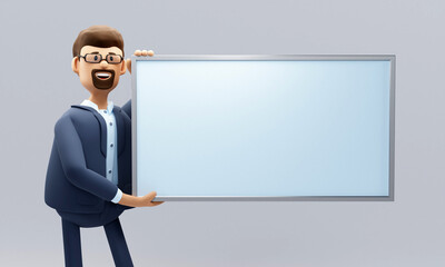 Advertising concept. Cartoon character with empty board. 3d illustration.