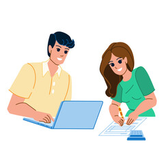 couple doing taxes vector. budget man, finance woman, laptop bill, family home computer, money paperwork couple doing taxes character. people flat cartoon illustration