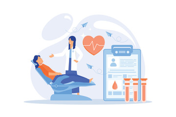 Nurse with donor sitting in medical chair and donating blood in donation bag. Blood donation, blood donor, hemolytic transfusion bank concept. flat vector modern illustration