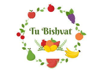 Tu BiShvat Template Hand Drawn Cartoon Flat Illustration Blooming tree with Objects of Seven Species of Fruits on White background Design