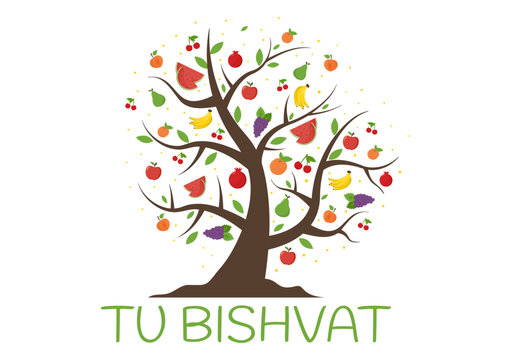 Tu BiShvat Template Hand Drawn Cartoon Flat Illustration Blooming tree with Objects of Seven Species of Fruits on White background Design