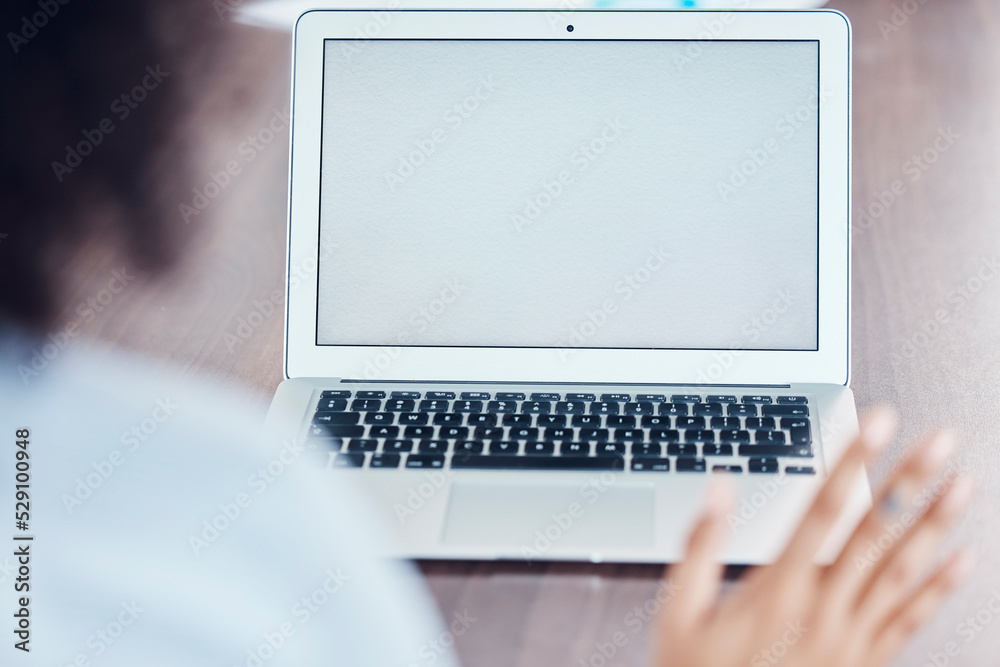 Poster laptop mockup, blank screen and with copy space for marketing and promotion on a desk with woman wav