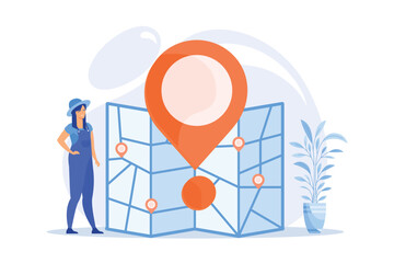 Journey route planning. City travel, urban tourism, cartography idea. Girl navigating with paper map cartoon character. Old fashioned orientation tool. flat vector modern illustration