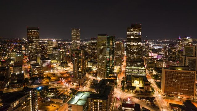 Time-lapse of Denver downtown from drone. Aerial view of downtown city in Colorado. Traffic of the city сenter.