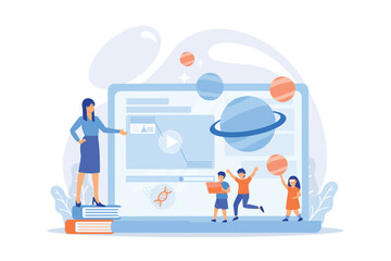 Futuristic classroom, little children study with high tech equipment. Smart spaces at school, AI in education, learning management system concept. flat vector modern illustration