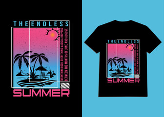 The endless summer graphic tee vector design with palm tree silhouette. Summer typography, t-shirt 
graphics, Vector illustrations.
