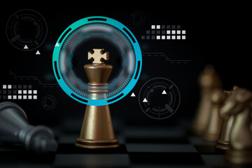 Locked icon on golden chess figure king with falled chess. Business strategy, leadership, success achievement, competition organization concept.