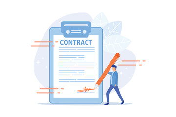 Contract signing. Deal confirmation, official document signature, business statement. Office worker doing paperwork, bureaucracy and formalities idea. flat vector modern illustration - obrazy, fototapety, plakaty