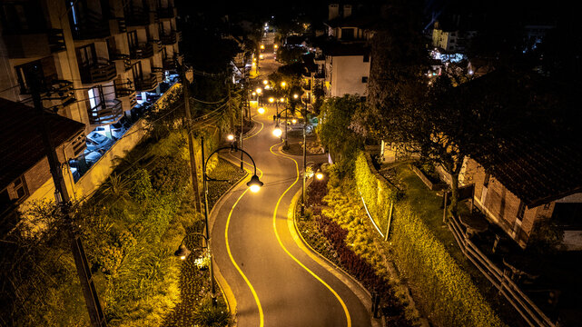 Aerial night view of the crooked street (Rua Torta) in the tourist town of Gramado