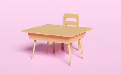 3d wooden school desk cartoon isolated on pink background. 3d render illustration, clipping path