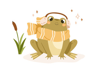 Cute frog in warm scarf and headphones. Funny froggy listening to music. Adorable kawaii baby animal, amphibian character in cold weather. Flat vector illustration isolated on white background