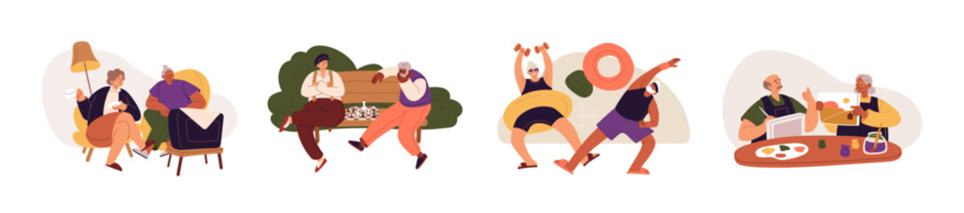 Senior old people at leisure set. Hobbies, activities, social life of elderly men and women. Happy aged characters play chess, exercise, paint. Flat vector illustrations isolated on white background