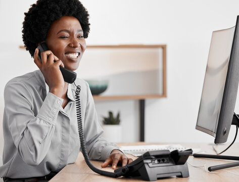 Black Woman Secretary On Business Telephone Call Working And In Communication Calling Clients. African Lady Or Girl Receptionist Speaking With Office Management Person On Corporate Company Call