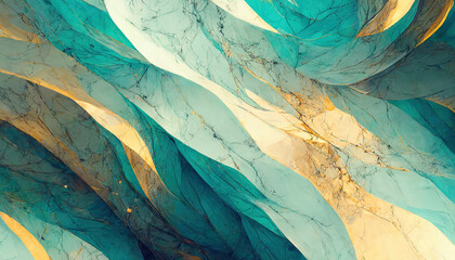 Abstract luxury marble background. Digital art marbling texture. Turquoise, gold and white colors