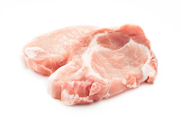 raw pork loin isolated on white background. chop pork loin isolated on white background. pork loin for steak isolated on white background                          