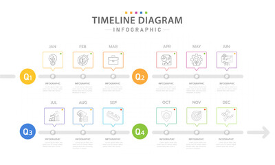 Fototapeta na wymiar Infographic template for business. 12 Months modern Timeline diagram calendar with 4 quarter topics, presentation vector infographic.