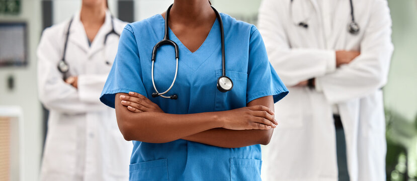 Doctor Team, Professional Healthcare And Medical Trust Or Surgeon, Nurse And Experts Ready For Hospital Service. Closeup Wellness Clinic, Staff Support And Solidarity Medicine Worker Group Together