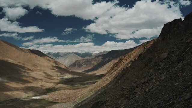 Aerial view of mountain landscape in Ladakh region, India.