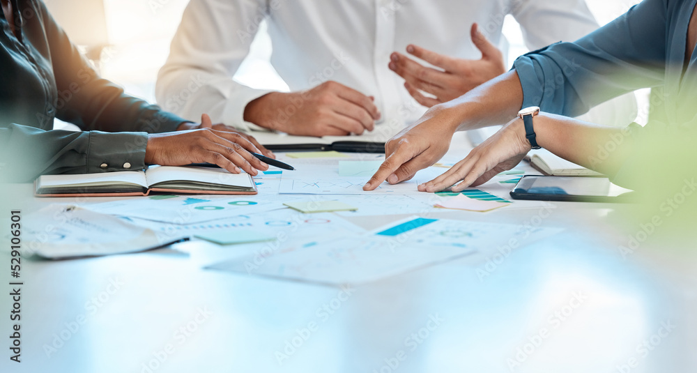 Poster financial meeting, infographic and closeup of business people and team doing statistics analysis wit